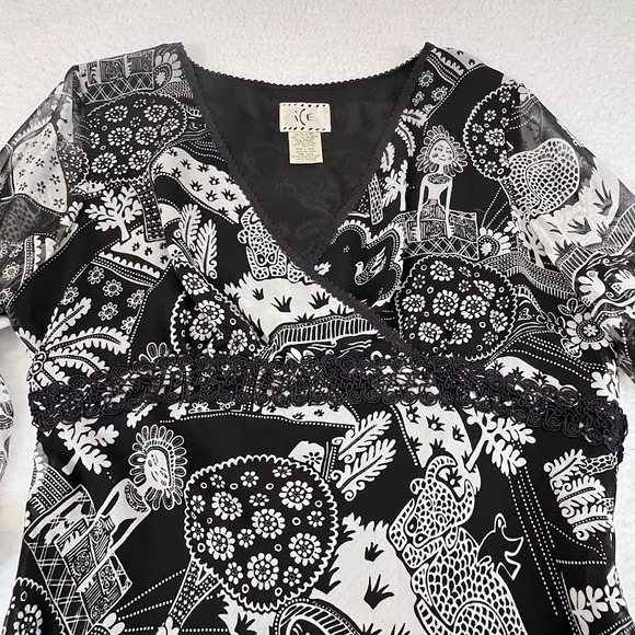 Y2K Silk Sheer Blouse Black White Graphic Boho Fairycore Top XL Flowy - Picture 2 of 8